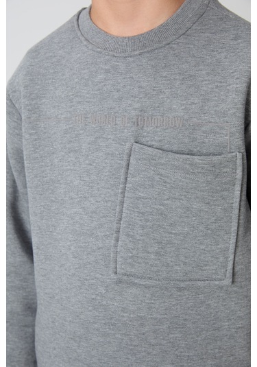 Gri Melanj Pamuklu Kalın İçi Tüylü Yumuşak Dokulu Standart Fit Baskılı Erkek Çocuk Eşofman Takım - 11257 Gri Melanj