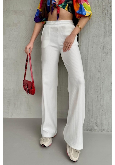 Kadın Ekru Yüksek Bel Bol Paça Kaşkorse Fitilli Cepli Pantolon Eşofman Altı Mtlcb104-ekru Ekru