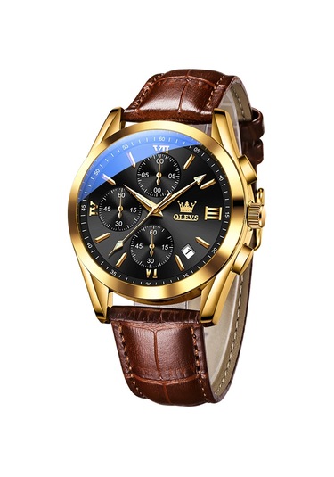 Olevs 2872 Erkekler Üç Göz Altı İğne Kronograf Su Geçirmez Kuvars Saat Siyah + Altın