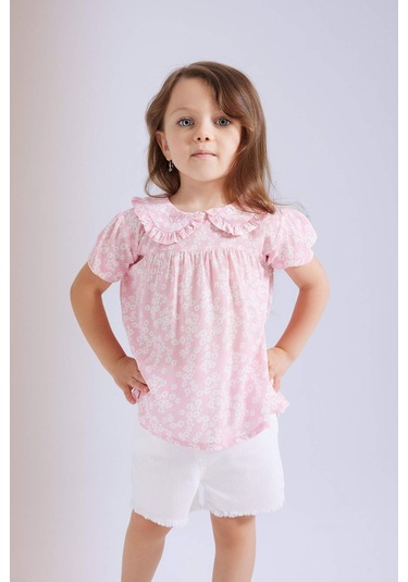 DeFacto Kız Bebek Büyük Yaka Krinkıl Viskon Çiçekli Kısa Kollu Bluz C3761A524SMPN167 Pembe