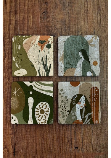 Modern Tasarım Ve Kadın Temalı Doğal Taş Bardak Altlığı - Stone Coasters Çok Renkli