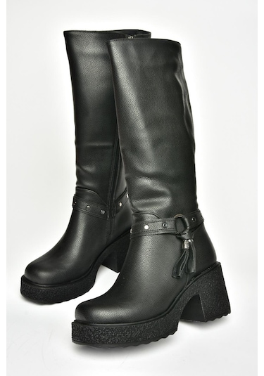 Fox Shoes T996224009 Siyah Kalın Topuklu Kadın Çizme Siyah-Suni Deri