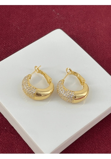 Yarısı Taşlı Yarısı Parlak Gold Halka Küpe Gold