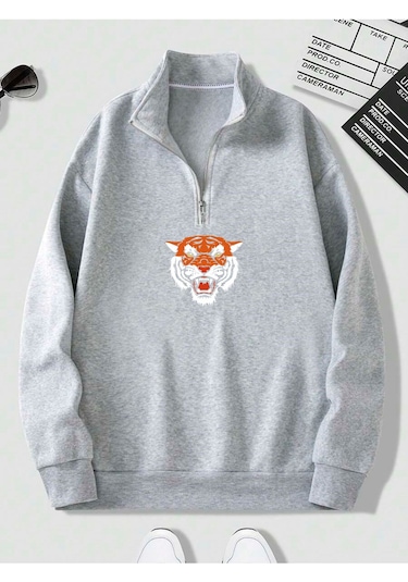 Harmandar Gri Erkek Kaplan Baskılı Dik Yaka Yarım Fermuarlı Kazak Sweatshirt Kaplangridikyaka