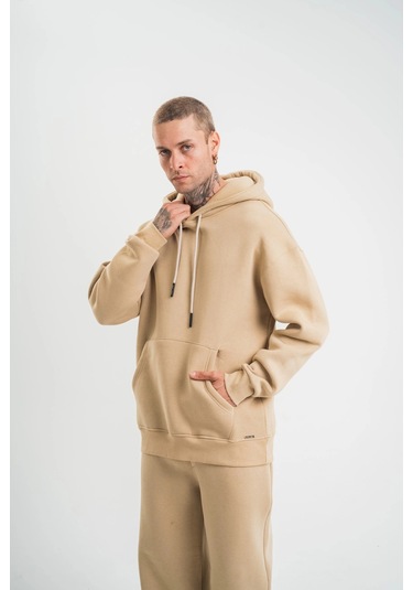 Unisex Double Oversize Kapşonlu Basic Sweatshirt - Bej Siyah