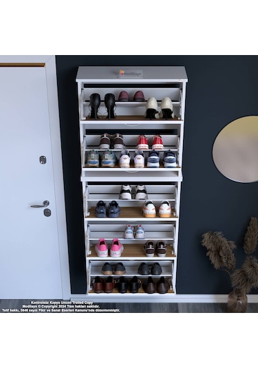 Modilayn Varbi Umay' 2 Li Asma Antre 72x181x25, 5 Cm Lik 5 Düşer Kapak 10 Göz Bölme Ayakkabılık Beyaz - Ceviz