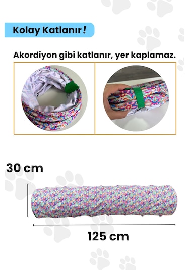 Miyav Çiçek Desenli Katlanabilir Uzun Kedi Tüneli 125 CM