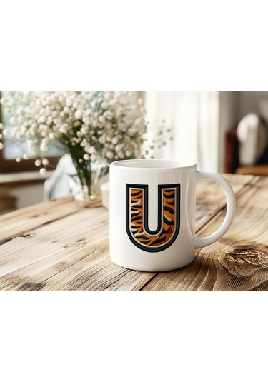 U Harfi Kaplan Figürlü Nakış Desenli Kupa Bardak - Kişiye Özel Vahşi Hayvan Desenli Kupa - Hediye Beyaz