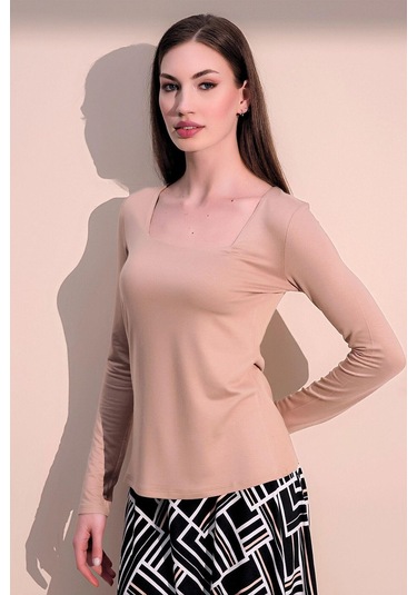 WeShaya Kadın Bej Günlük Stil Basic Kare Yaka Uzun Kol Bluz Bej