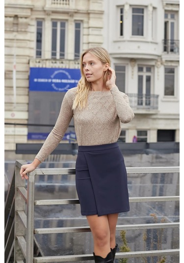 Kadın Hafif Likralı Kumaş Yüksek Bel Anvelop Kruvaze Hafif Mini Kalem Etek--lacivert Lacivert