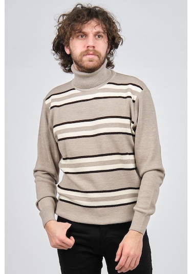 Mısırlı Erkek Tam Balıkçı Çizgili Yün Kazak 3869077 Bej Bej