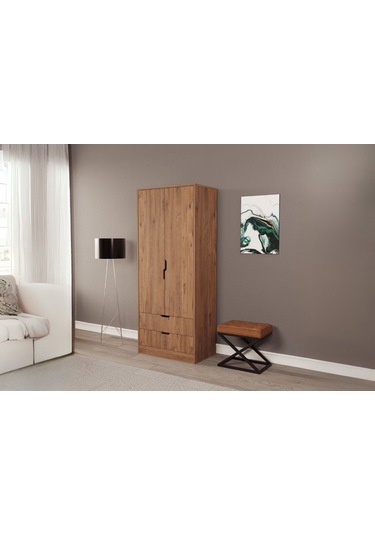 Moderno Mini 2 Kapaklı 2 Çekmeceli Gardırop Kompakt Tasarım, Modern Görünüm Atlantik Çam