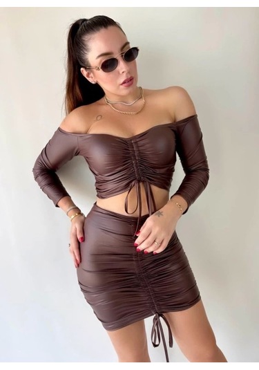 Kadın Büzgülü Deri Etek Takım Fırsat Ürün Kahve