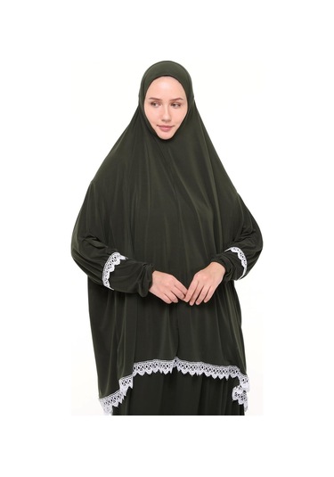 Kadın İki Parça Likra Sandy Kumaş Dantelli Kollu Namaz Elbisesi Haki Antrasit