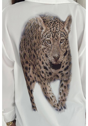 Kaplan Desen Baskılı Taşlı Gömlek Beyaz