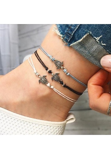 Siyah Bohemian Retro Kaplumbağa Kolye Halhal Bilezikler İşi Dokuma Deri Trendy Bilezik Halhal Siyah