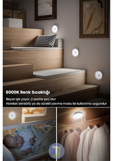 Technojet 3adet Akıllı Hareket Sensörlü Kumandalı Usb Şarj Kablosuz Spot Led Beyaz Işık Gece Lambası