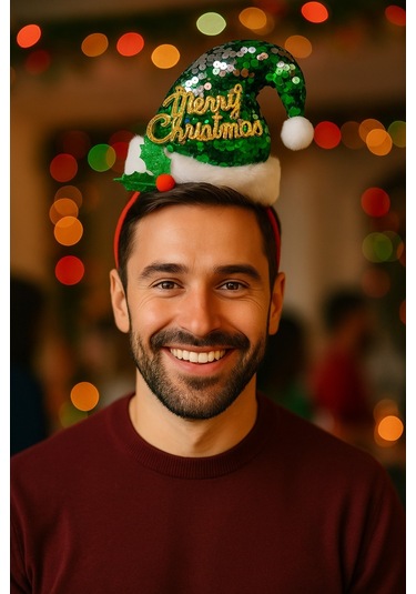 Yılbaşı Yeni Yıl Parlak Yeşil Pullu Merry Christmas Şapkalı Kırmızı Taç Parti Aksesuarı