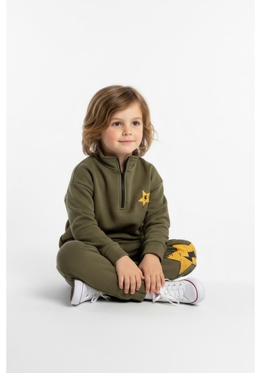 Fermuar Detaylı Şimşek Baskılı 2 Li Takım Haki