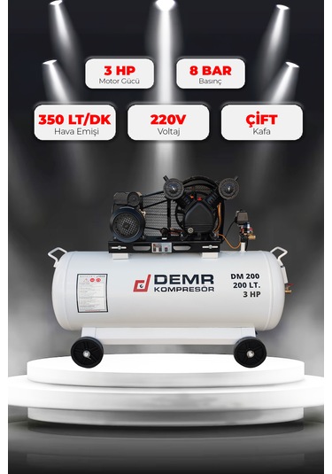 Demr Kompresör Pistonlu 200 LT 2 Kafa 8 Bar 3 HP IDM200 Hava Kompresörü