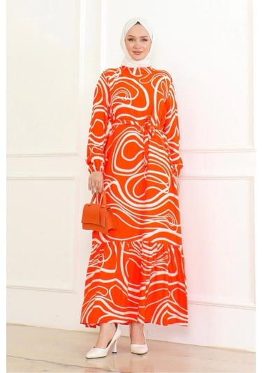 Çizgi Desenli Viskon Elbise - Turuncu Turuncu