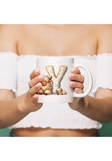 Y Harfi Tasarım Bardak, Sevimli Hayvan Temalı Harf Bardağı Beyaz