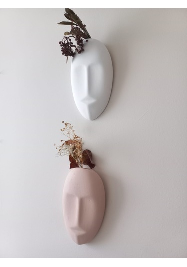 Dekoratif 2'li Yüz Duvar Vazosu, Duvar Süsü ,heykel Aksesuar Beyaz Bej