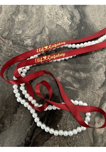 Dökülen İncili Isimli Yüzük Kurdelesi Söz Kurdelesi Bordo-gold