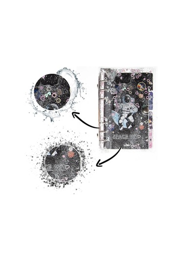 Mekanizmalı Simli Ve Sulu Kapaklı Desenli Defter Gri - Siyah