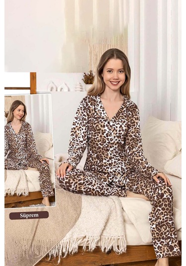 Kadın Leopar Desen Düğmeli Suprem Pijama Takımı 0397 Kahverengi Kahverengi