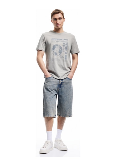Koton Kısa Kollu Bisiklet Yaka Regular Fit Pamuklu Baskılı Tişört Gri 6wam10006hk Gri