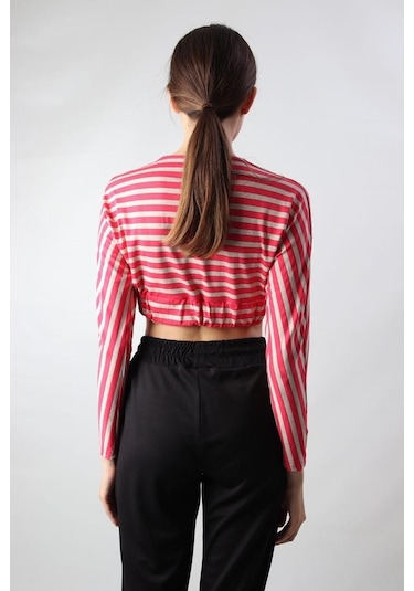 Alexandergardı Çizgili Crop Bluz, Bej-Pembe (B19-153401)