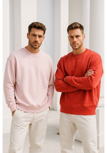 Rich Erkek 2'li Paket Nar Çiçeği - Pudra Bisiklet Yaka Scuba Basic Sweatshirt Pudra