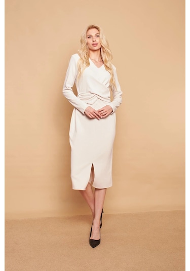 V Yaka Önü Çapraz Önden Yırtmaçlı Diz Altı Hafif Likralı Triko Elbise-şampanya Şampanya