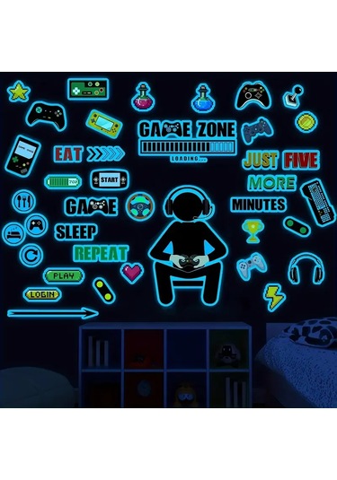 Dianziye Oyun Odası Dekorasyon Stickeri - Yıldızlı Işıklı Oyun Kontrolcü Desenli, Oyuncu Odası Duvar Sticker Seti 30x20 Cm Beyaz