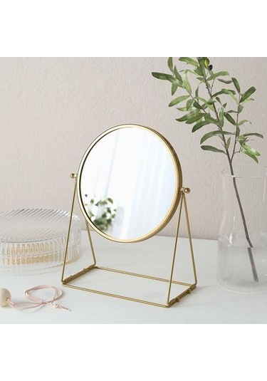 Gold Masa Makyağ Aynası, MeridyenDukkan Altın Rengi Yuvarlak-17 cm-Büyüteçli Ayna Altın