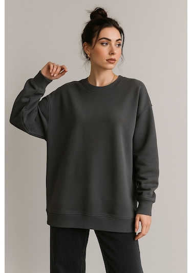 Kadın Füme Bisiklet Yaka Oversize Sweatshirt Füme