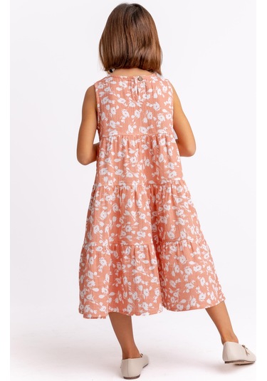 Kat Kat Çiçekli Müslin Kız Çocuk Elbise Gül Kurusu Gülkurusu