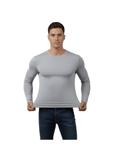 Deepsea Erkek Gri Uzun Kollu Dar Kalıp Ince Sıfır Yaka Sweatshirt 2300423 False Gri