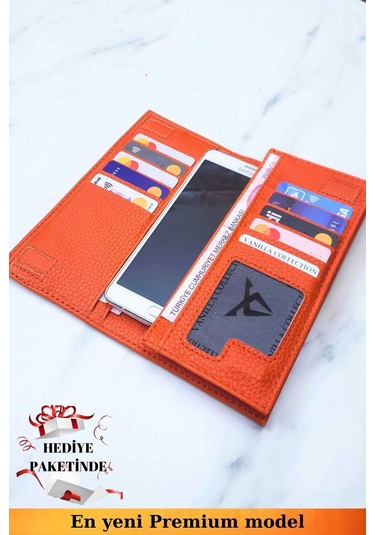 Telefon Bölmeli Unisex Turuncu Cüzdan Mıknatıslı Ve El Bantlı Büyük Paraportföy El Çantası Turuncu