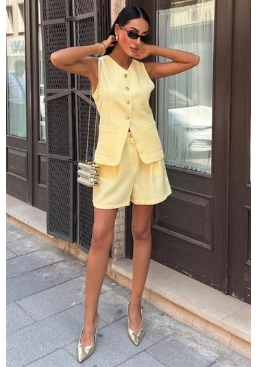 Gold Düğme Detaylı Yelek Şort Cotton Takım 10208 Altın