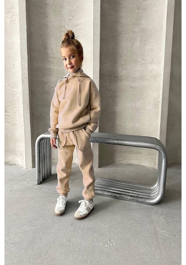 Üç İplik Kapüşonlu Şardonlu Takım KREM