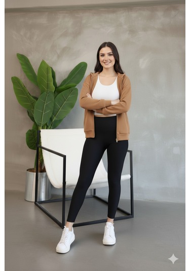 Kadın Genç Unisex Cepli Kapüşonlu Fermuarlı Sweatshirt Hırka Açık Kahve