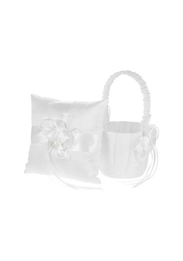 Flybuy Yüzük Yastık Ve Taşıyıcı Set Sepeti Lüks Saten İnç Fiyonk Damat Çiçek Beyaz 7 7 Ll Diğer