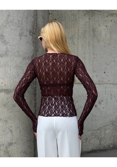 Kadın Bisiklet Yaka Önden Düğmeli Full Esnek Dantel Bürümcük Spor Şık Tasarım Gece Bluzu Kahverengi