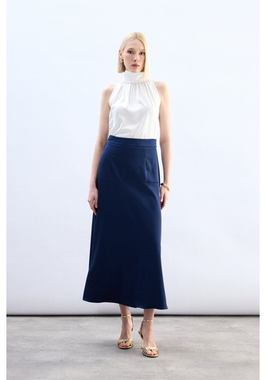 Sateen Yüksek Bel Saten Etek - Lacivert-136785 Lacivert