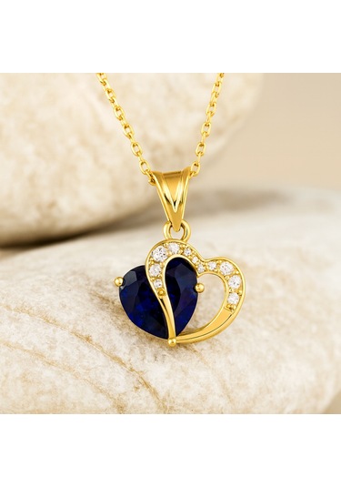 14 Ayar Altın Kalp Kesim Doğum Taşı Kolye Kişiye Özel Renkli Taş Tasarımı Altın
