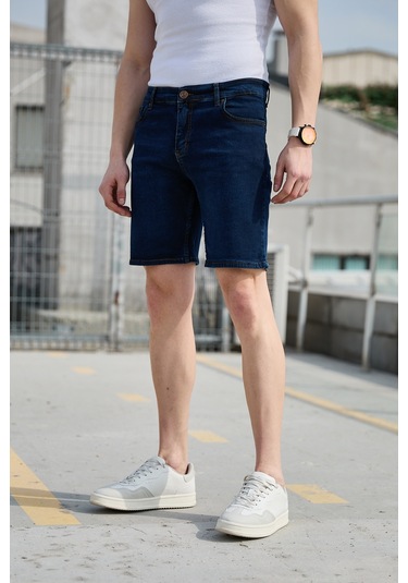 Lacivert Yıkamalı Erkek Kot Şort-1476 Lacivert