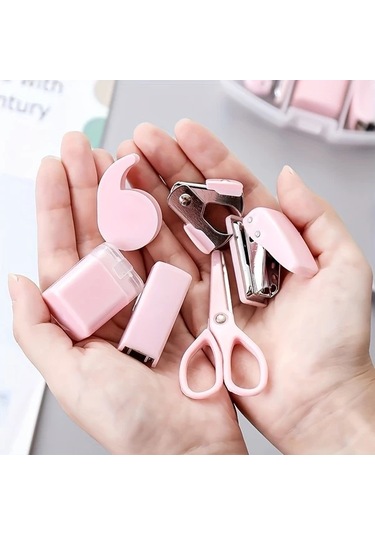 Gateesat Pembe 8 Parça Mini Ofis Seti - Bant Dispanseri Delgeç Zımba Çıkarıcı Makas Kalemlik Diğer