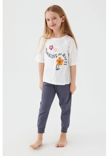 Kız Çocuk Kısa Kollu Çiçekli Pijama Takım-12637 Beyaz